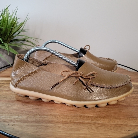 Socofy Soft Tan Leather Moccasins Rubber Bottoms Lace up Handmade Size 40 - Picture 6 of 14